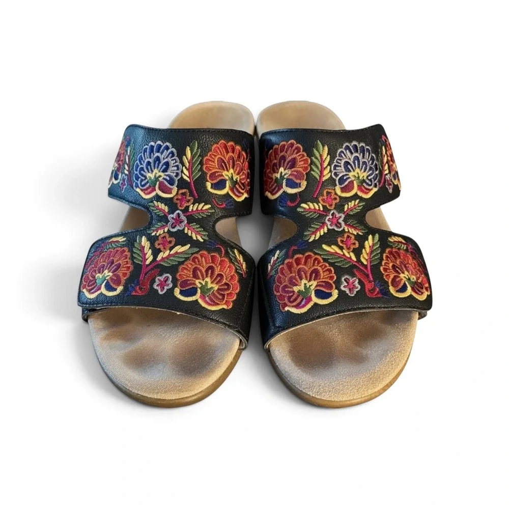 Alegria LIN-601N Floral Embroidered Leather Wedge Sandals Black Multicolor EU 38